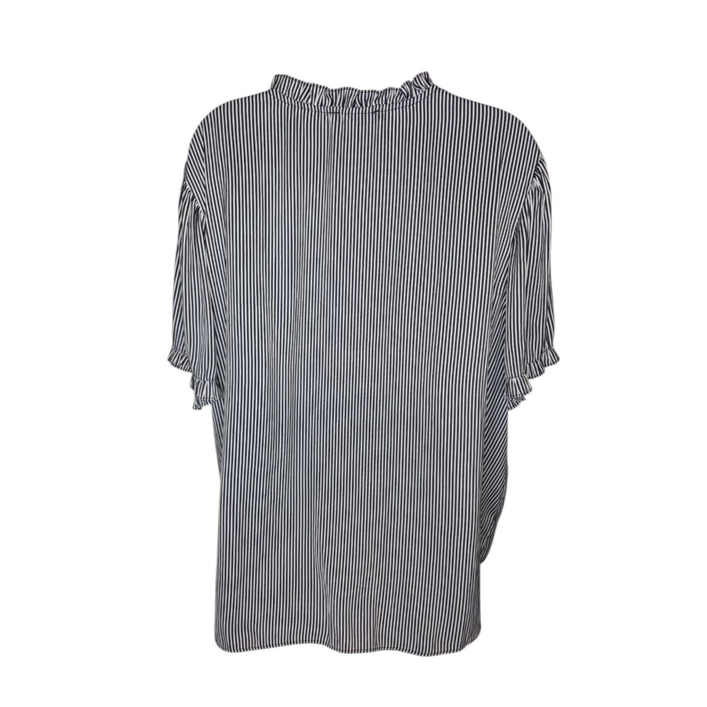 T Tahari Women's 3X Striped Ruffle-Neck Blouse Black White Button-Down Top - Picture 2 of 9
